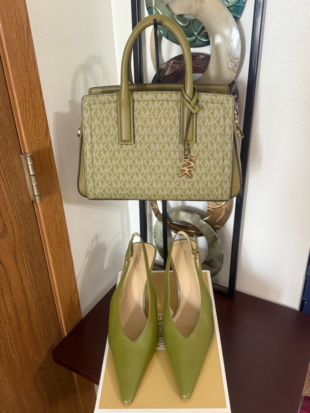 MICHAEL KORS PistachioGreen Pointed-Toe Slingback Heels with Wood-Tone Cone Heel - Picture 7 of 8